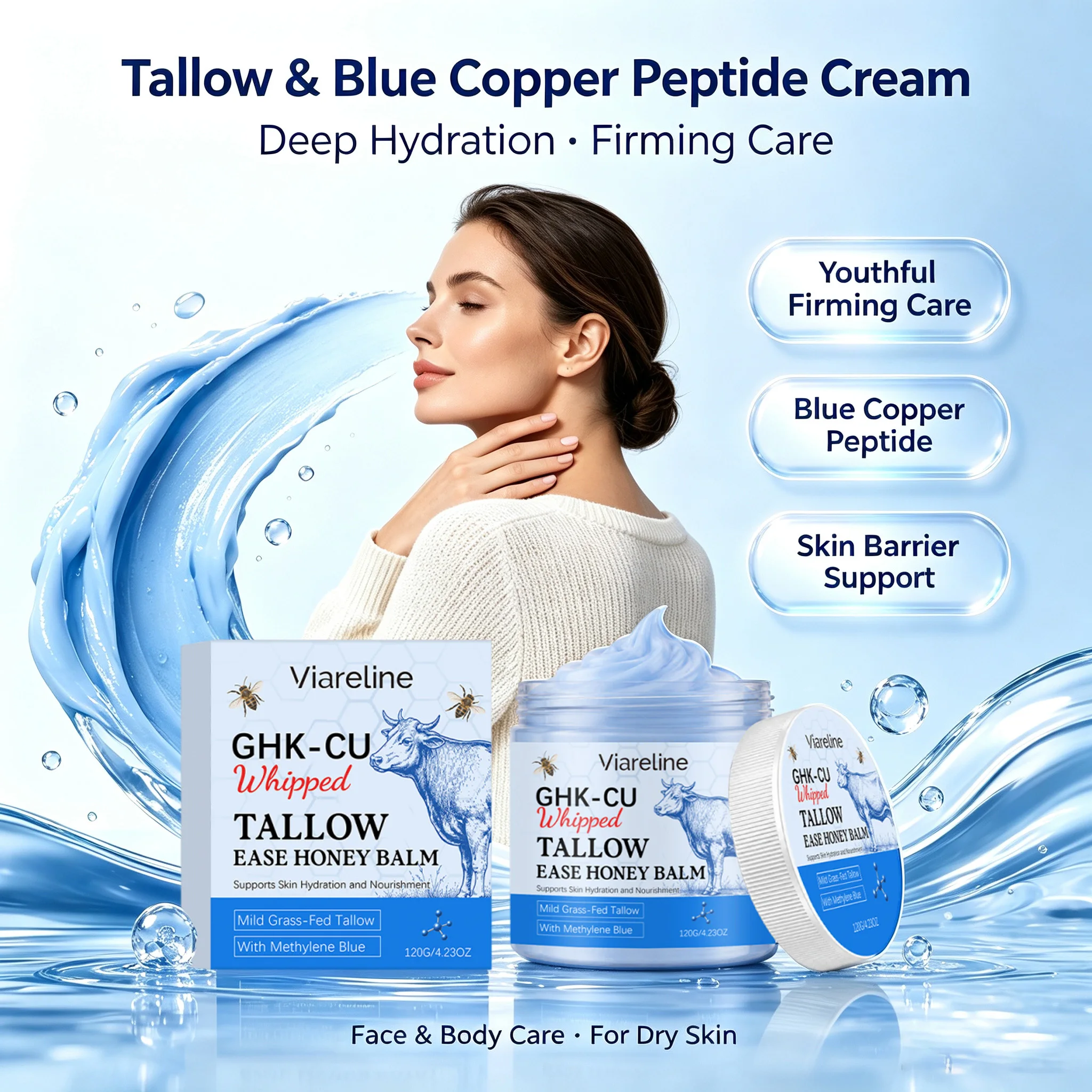 Copper Peptides GHK-Cu Beef Tallow Honey Balm for Face & Body Skin Firming Deep Nourishing Skin Barrier Support Moisturizer