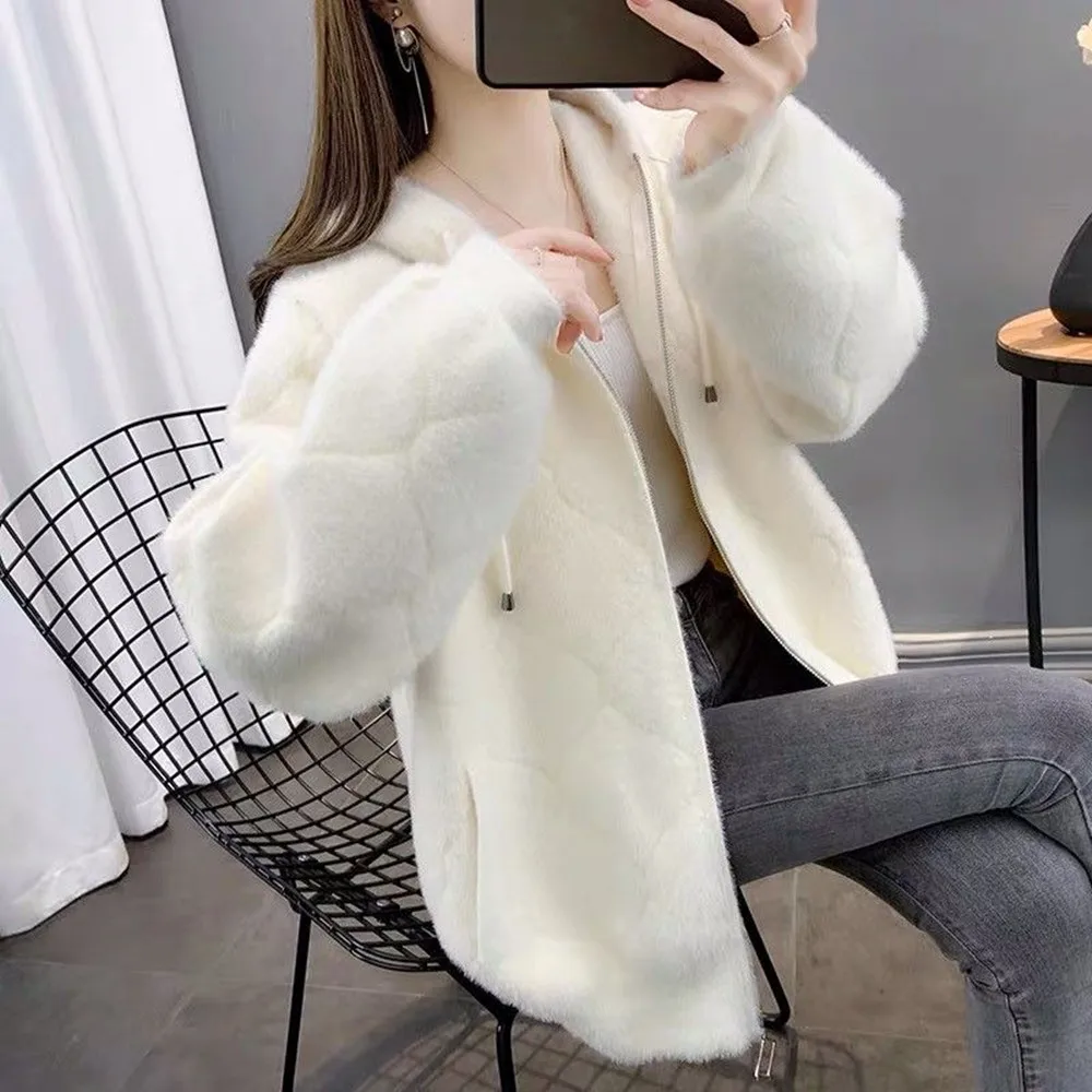 Mink Fleece Sweater Coat Korean Thick Short Knit Cardigan Women\'s Outerwear Casual Loose Plush Fluffy Pink Jacket Overcoat