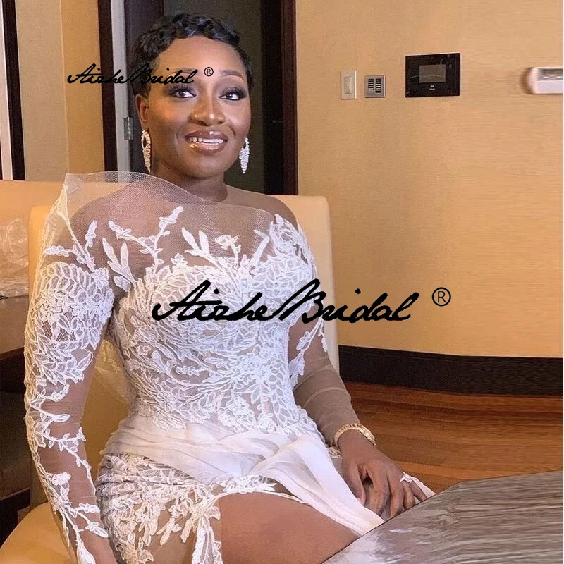 Plus Size Elegant Illusion O Neck Beach Wedding Dress Appliques Full Sleeves Side Split Bridal Dresses