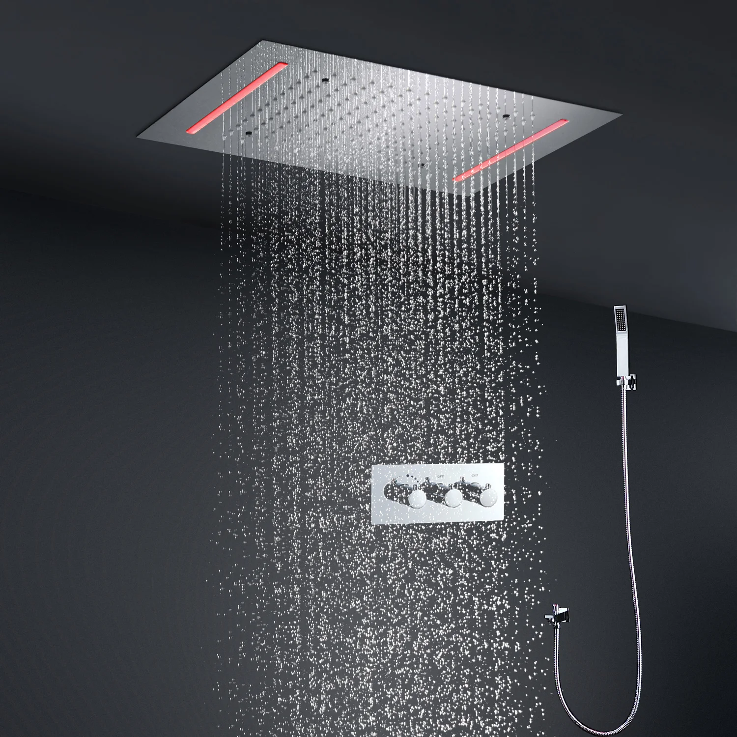 Système de douche à LED au plafond moderne, panneau de pommeau de douche à effet pluie carré, inverseur thermostatique, ensemble de douche, hm, 20 × 14 pouces