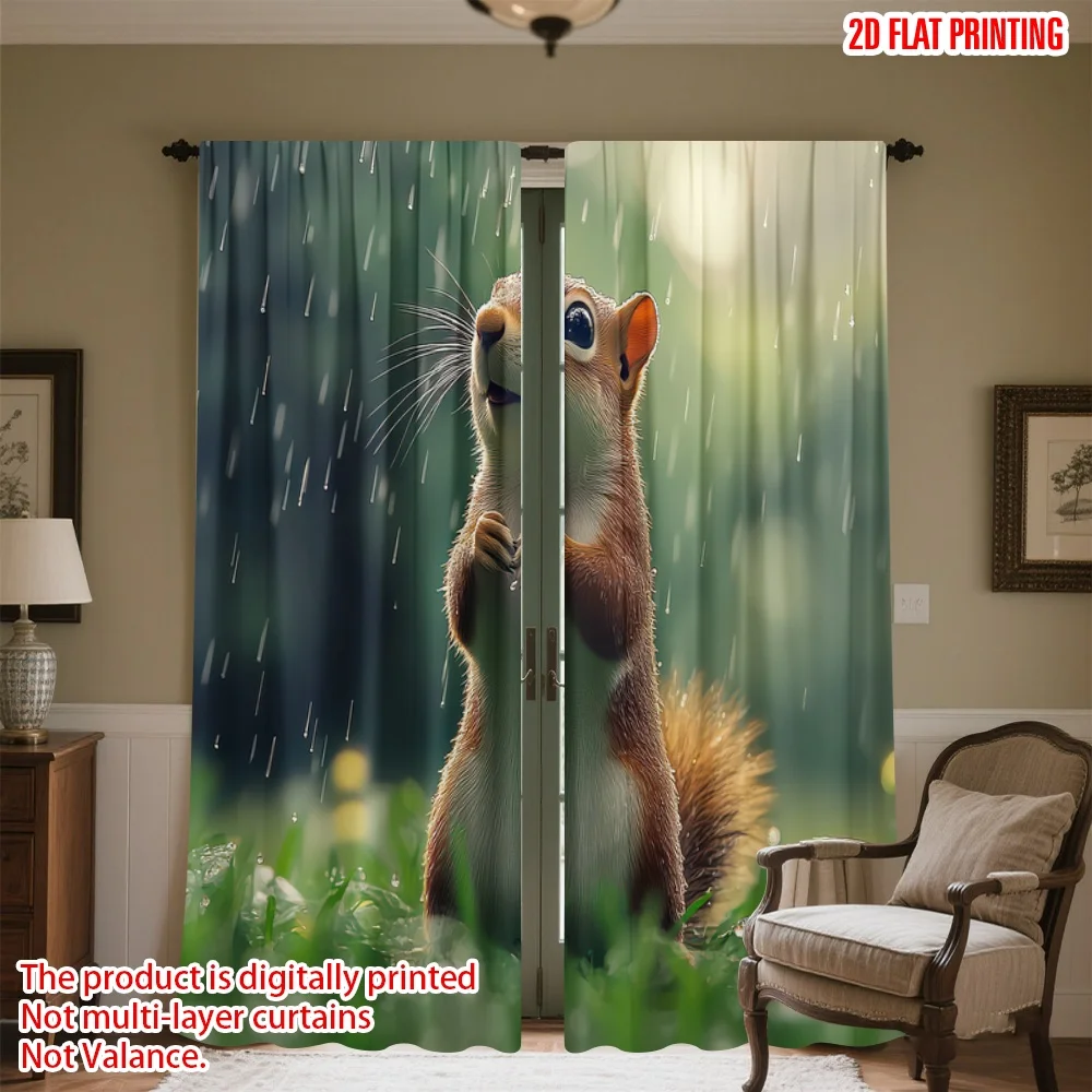 

2D flat printing 2pcs Drapes Squirrel in Spring Rain Digital Printed Polyester Drapes All Season Party & Holiday Decor Perfect