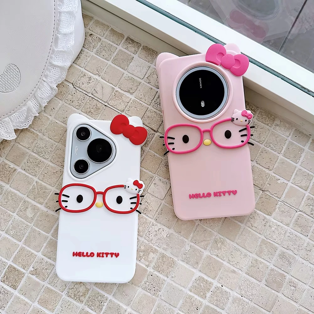 

Japan Ins Glasses Hello Kitty Case 3D Cartoon Soft Silicone Cover for Xiaomi 13 14 15 Redmi K60 K70 K80 Note 14 13 Pro 5G Cute