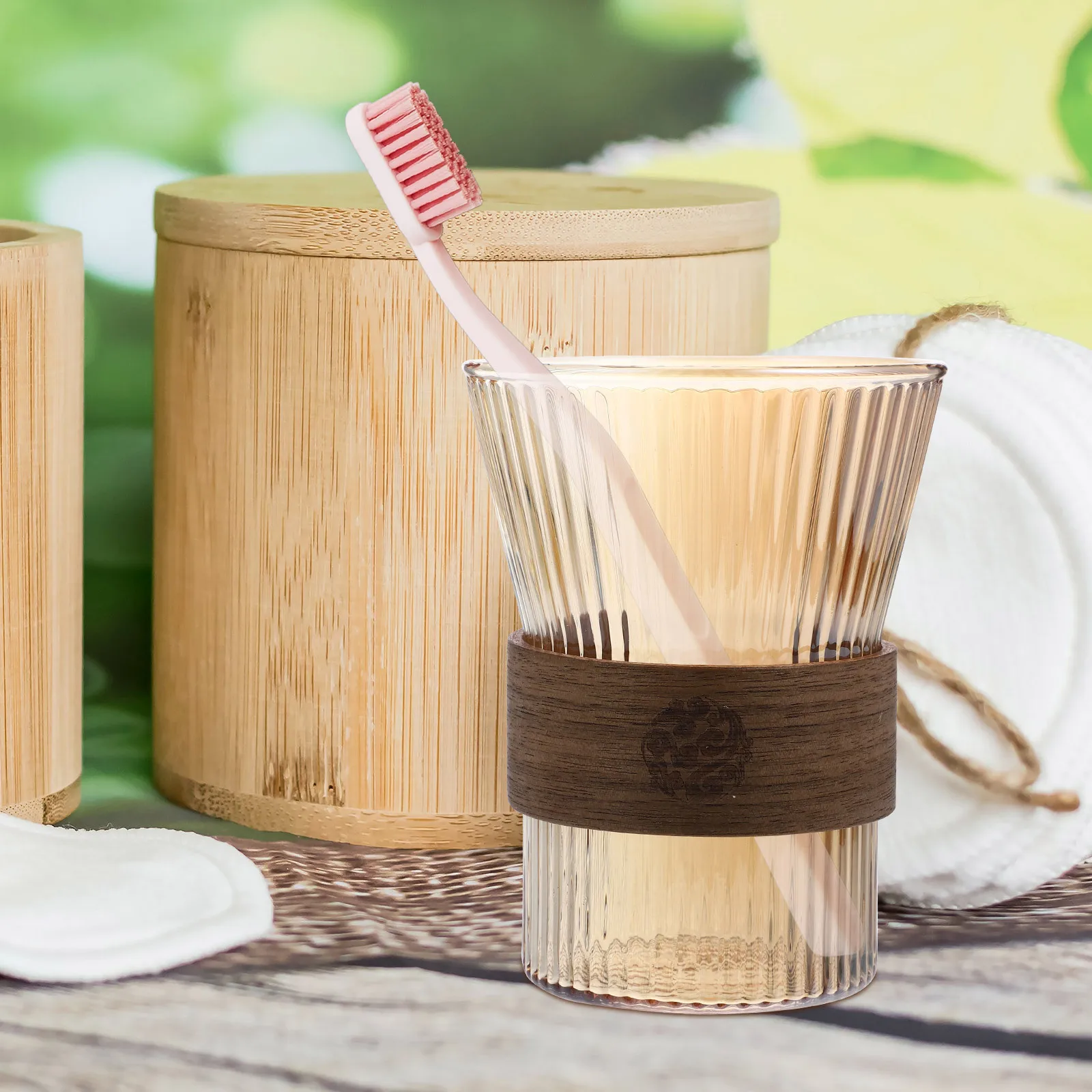 

Glass Bathroom Toothbrush Cup Wooden Waist Design Clear Mouthwash Tumbler Easy Clean Transparent Multi-Function Water Cup