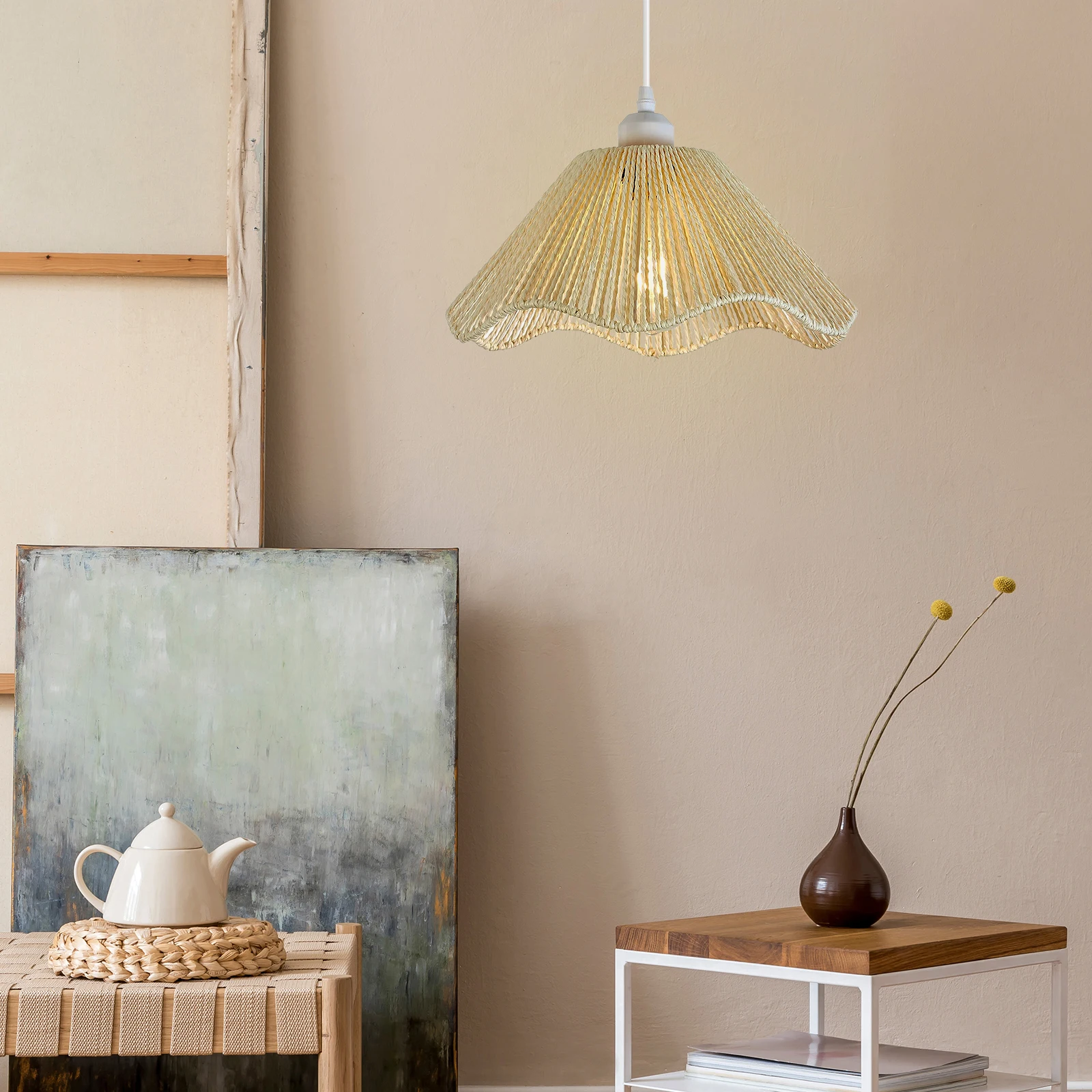 Woven Lampshade Pendant Light Cover Dustproof Lamp Shade Bohemian Light Shade for Dining Table Living Room Bedroom House
