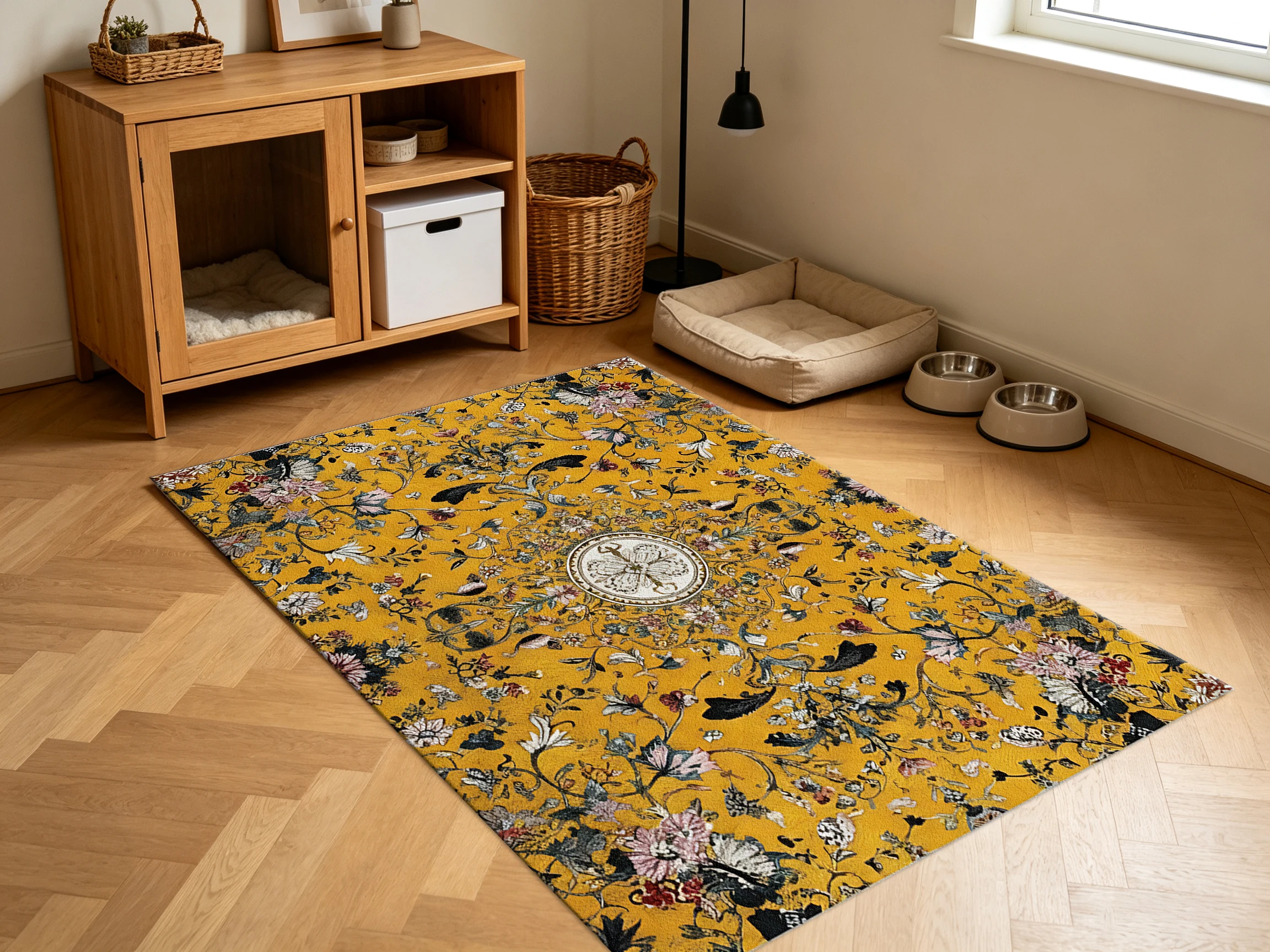 Luxury Yellow Floral Ornate Pattern Carpet Flooring, Classic Antique Art Area Rug for Home Decor