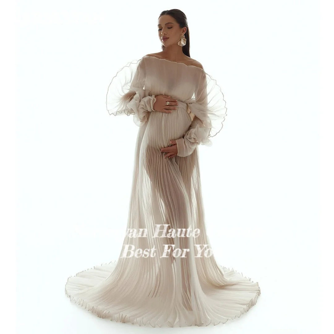 

Nersesyan Элегантные плиссированные платья для выпускного вечера с открытыми плечами и пышными рукавами Иллюзия для беременных Женские вечерние платья платье женское по индивидуальному заказу