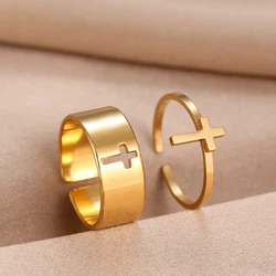 Stainless Steel Rings Gothic Hip Hop Cross Fashion Adjustable Couple Ring For Women Jewelry Wedding Punk Matching Gifts 2Pcs/set