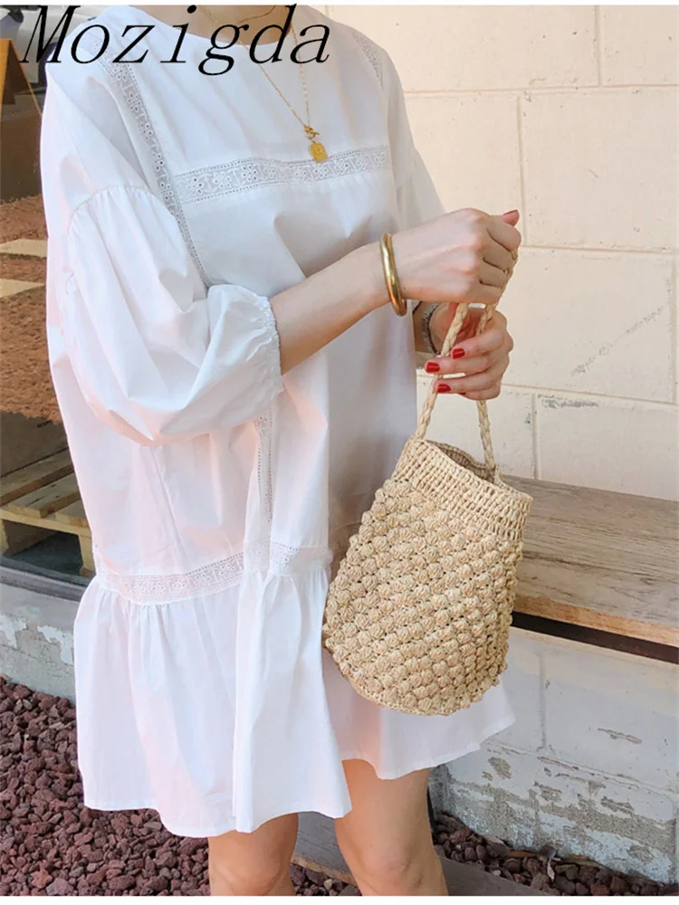 Summer Puff Sleeve Lace Patchwork Dress Women White Korean Loose Cotton Laides Dresses Short Sleeved Woman Woman Dress Vestidos