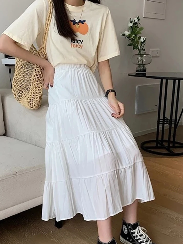 Spring Summer Women Chiffon Skirts Vintage High Waist Elastic Patchwork White Black Chic Long Cake A-line Skirt for Student