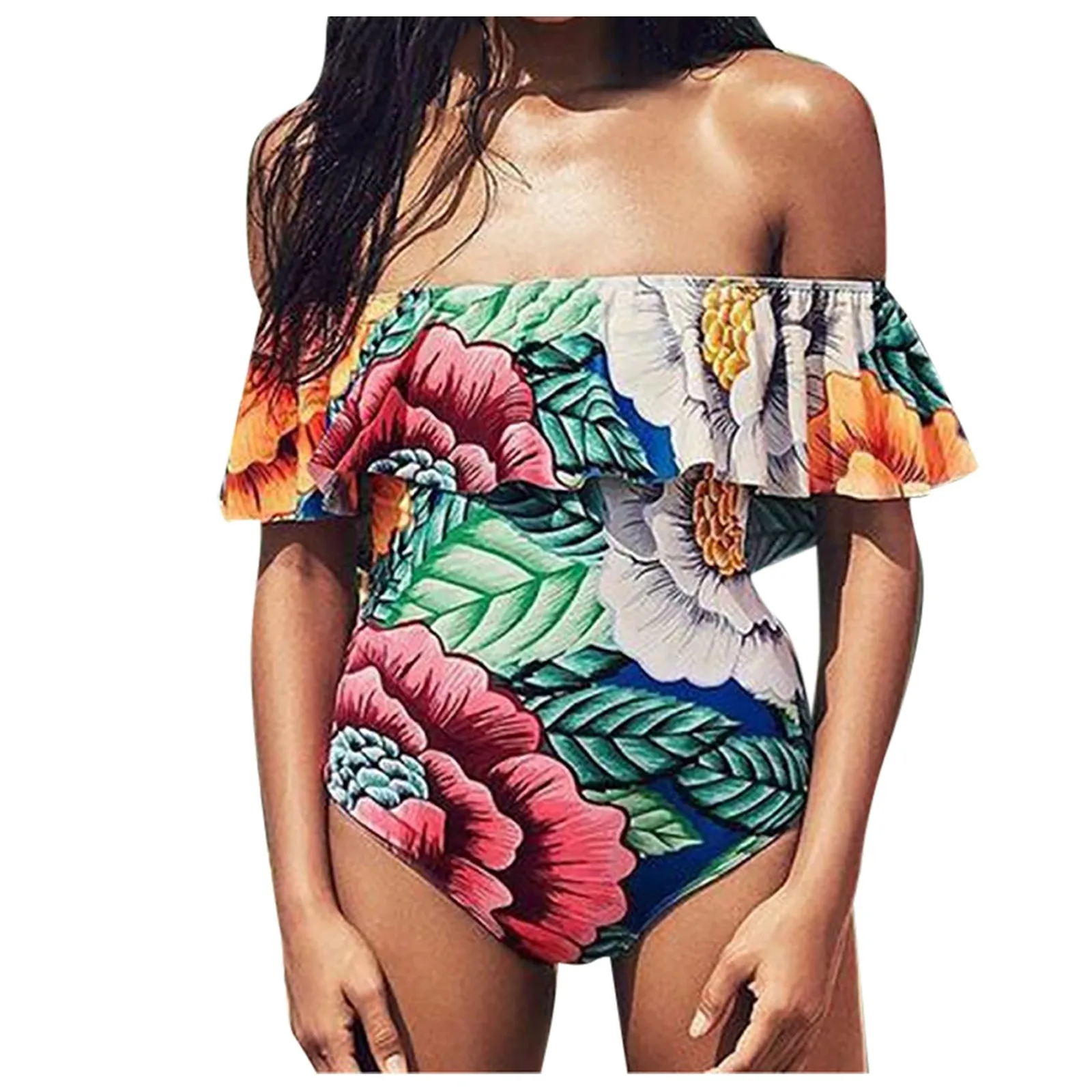 

Ruffle Print Women's Shoulder Peony One Bikini Split Swimsuit Flower Sexy Swimwears Tankinis Set Swimwears brazilian panties