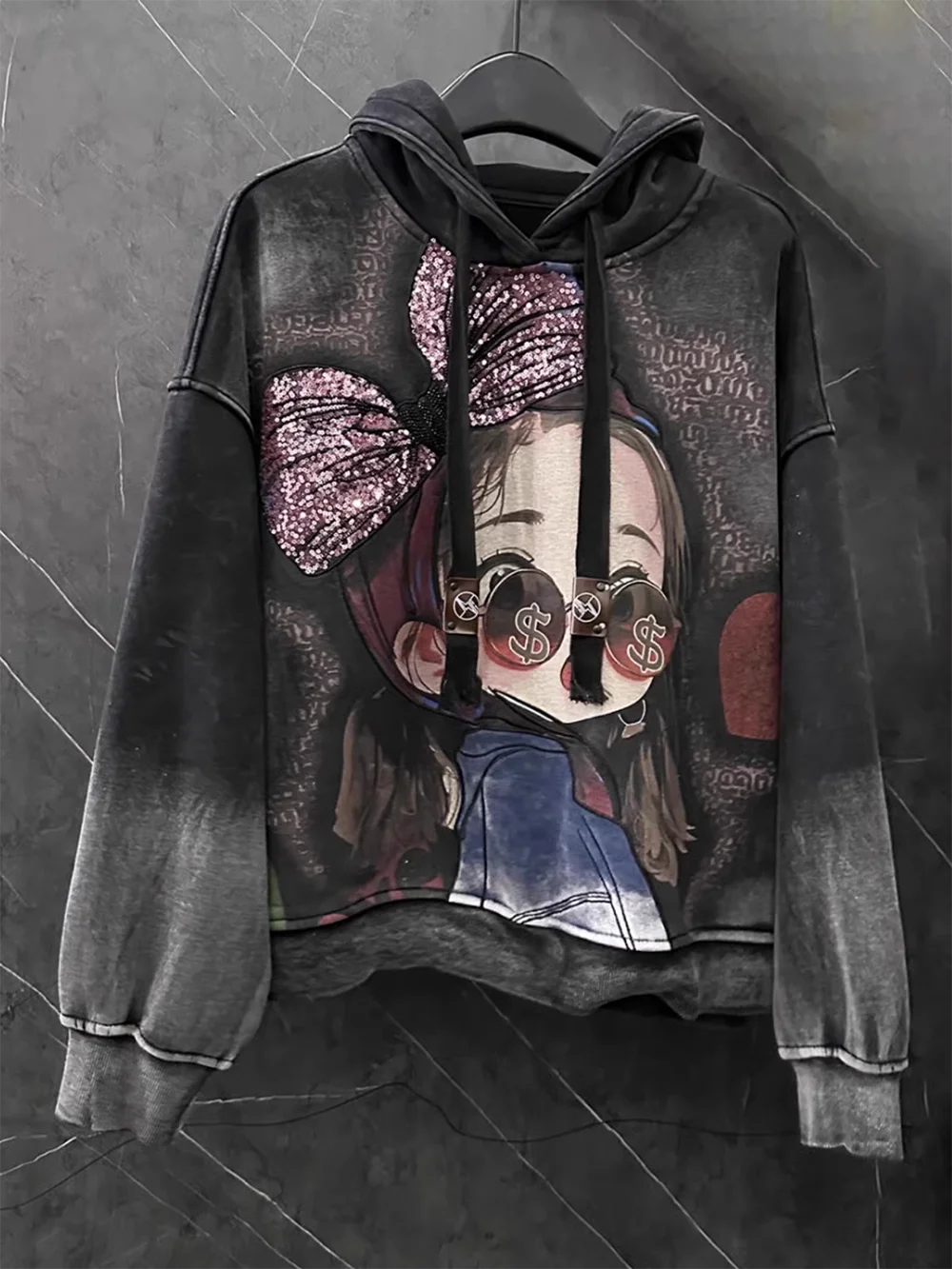 Plus Size Hoodies High Quality Cartoon Girl Print Sequined Thick Loose Casual Top High Street