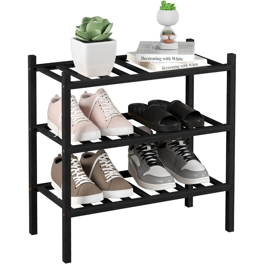 

3-уровневая бамбуковая маленькая полка для обуви, отдельно стоящая деревянная полка для обуви, органайзер для хранения для шкафа, прихожей, штабелируемый черный