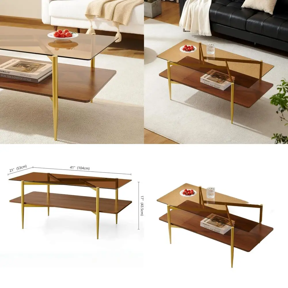 

Mid-Century Rectangular Coffee Table with Amber Glass, Walnut Shelf, Gold Conical Legs