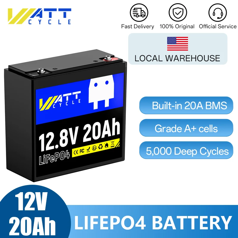 Wattcycle 12V 20Ah LiFePO4-batterij EVE klasse A+ cellen diepe cycli IP65 draagbaar duurzaam oplaadbaar elektrisch draagbaar vermogen