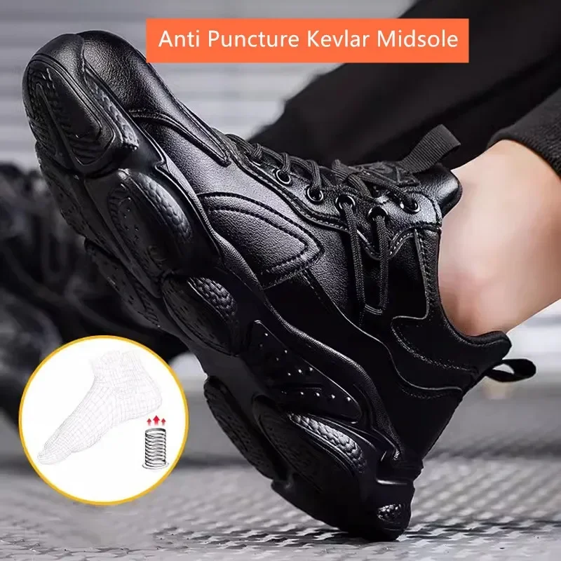 waterproof safety shoes puncture proof black PU leather work shoes anti smash anti stab work safety sneakers women men for work