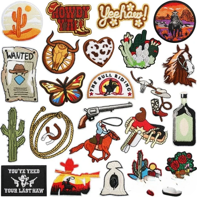 Pegatina de tela bordada con cuerda de cáñamo, bolsa vaquera occidental de cazador de recompensas, decoración, etiqueta bordada por ordenador, planchado con cabeza de vaca