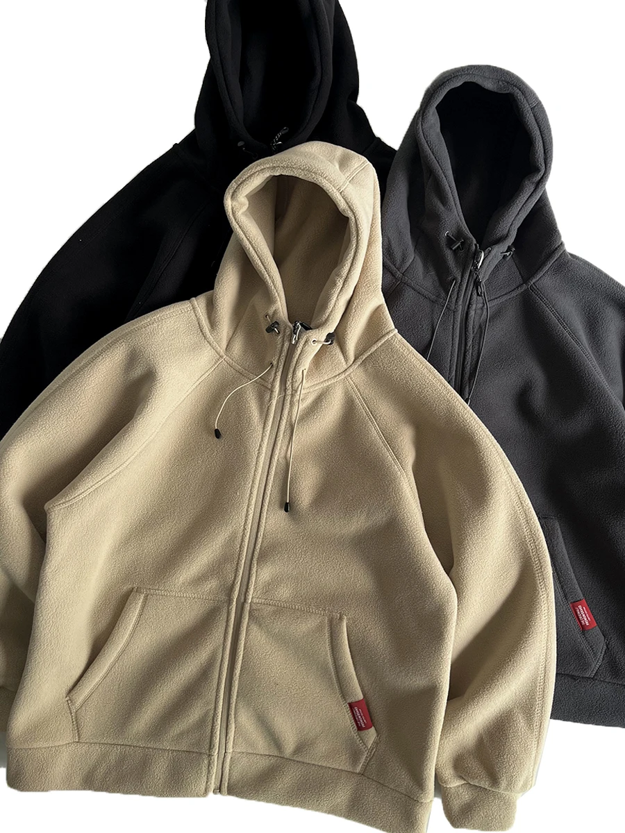 

Thiened Fce Autumn Winter Heavyweight Retro Fce Lined Hooded Open Cardigan Jaet Men's Heat Retention Warm Loose Out...