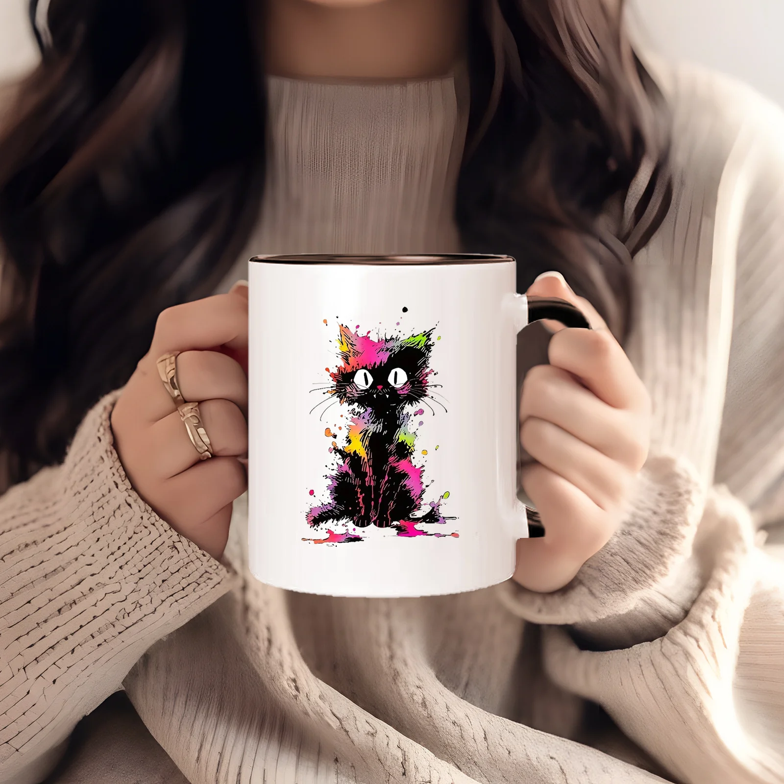11oz Ceramic Mug Colorful Design Playful Black Cat Paint Splatter Insulated Reusable Coffee Cup Hand Wash Ideal Gift