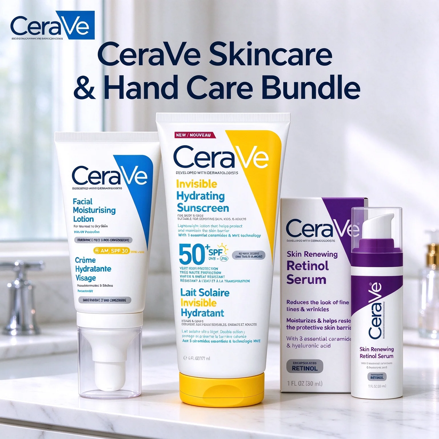 CeraVe Day Night Facial Bundle AM Lotion SPF30 & Invisible Sunscreen SPF50+ & Retinol Serum Ceramides & Skin Barrier Repair
