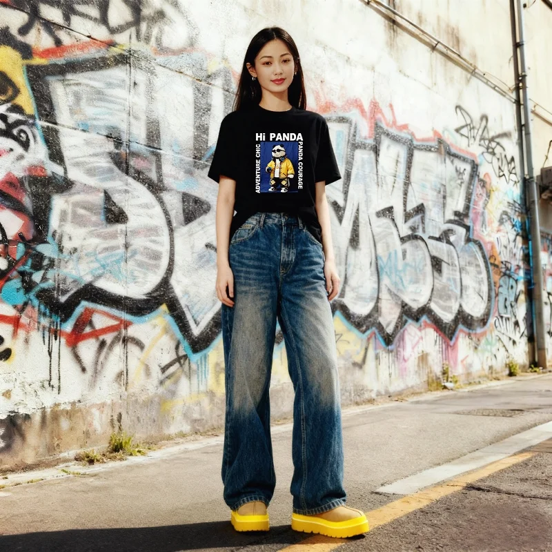 Ladies Panda Print T-Shirt round Neck Short Sleeve Chinese Trendy Casual Fashion Women's Top