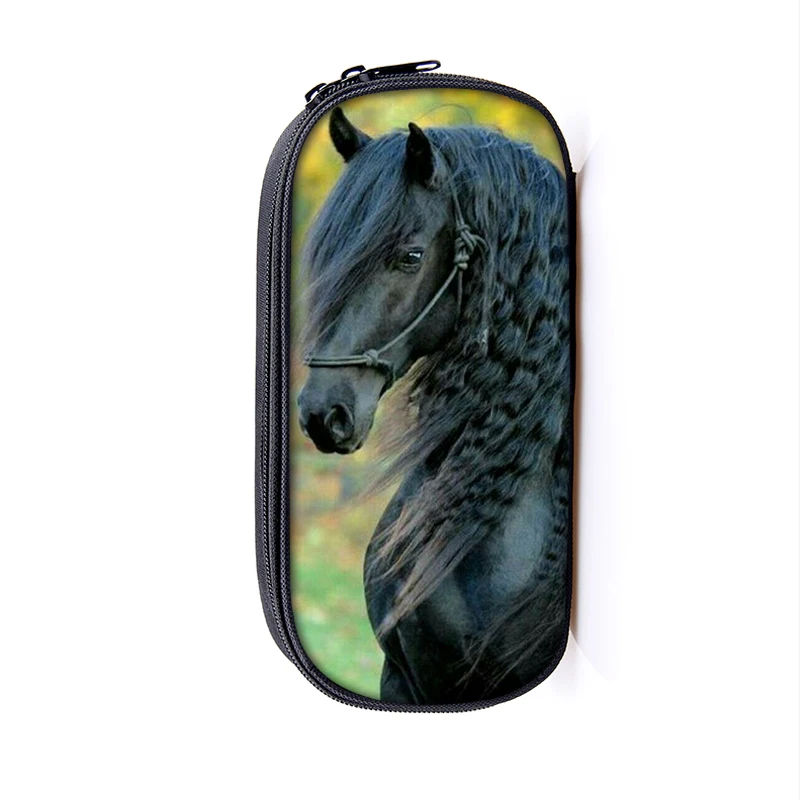 Caixa de lápis de teste padrão de cavalo de friesian animal engraçado feminino sacos de lápis material escolar para adolescentes meninos meninas lápis bolsa de papelaria