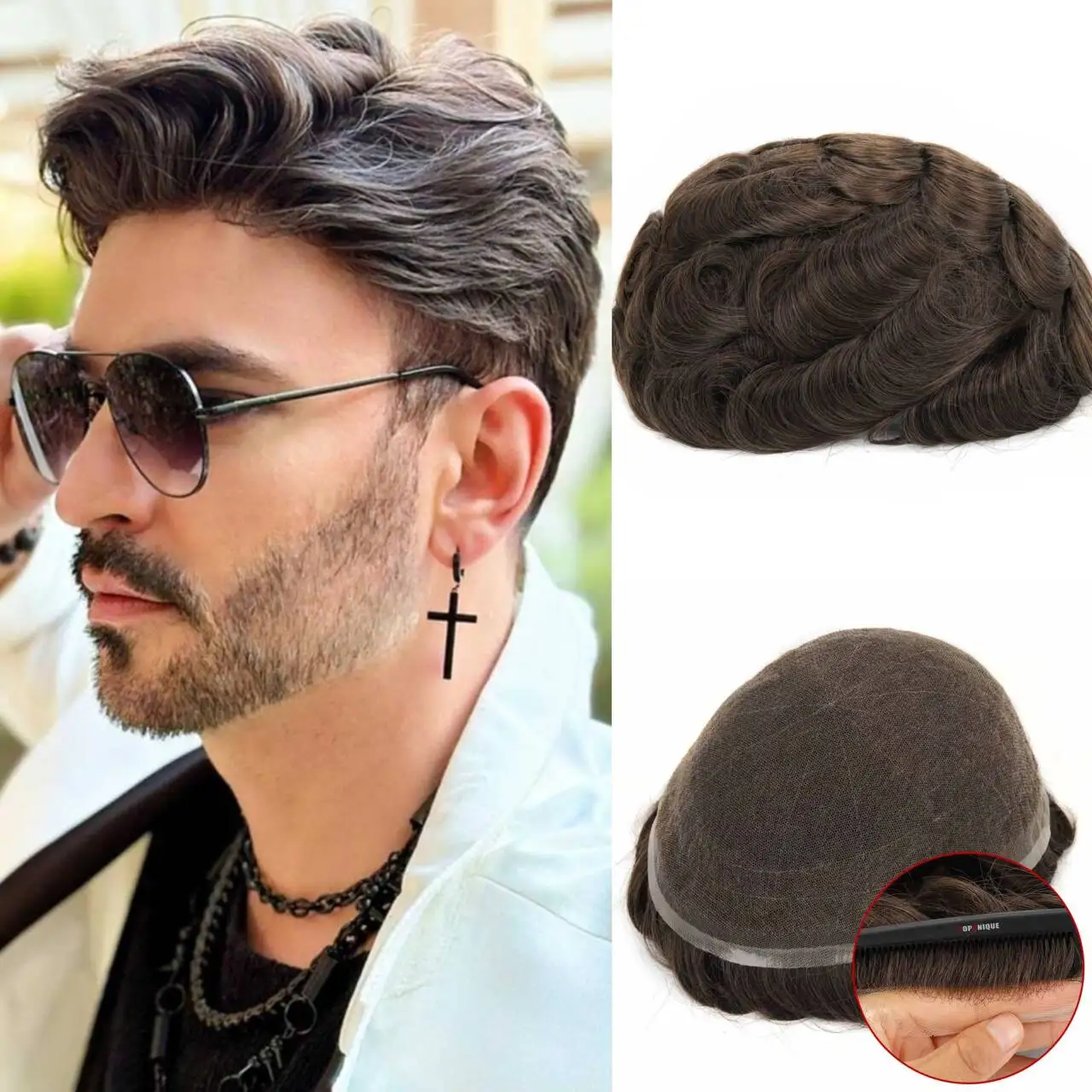 Topunique Full Swiss Lace Men's Toupee 90% Light to Medium Density Capillary Prothesis Hair Piece for Hair Replacement System