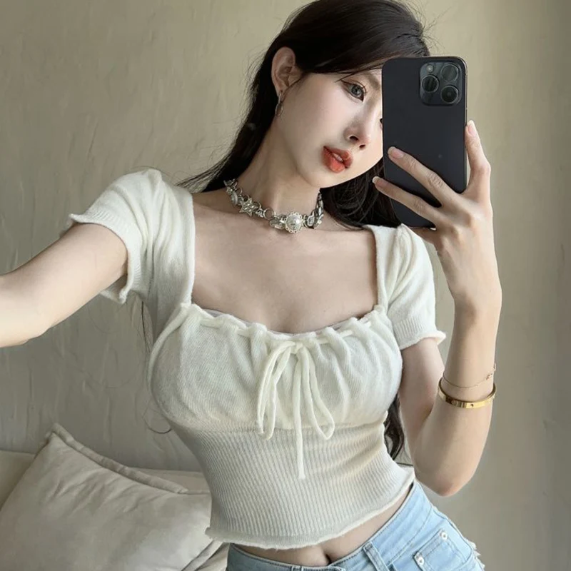 Sexy Chic Square Collar Cropped Tops Woman Y2K Bow Knot Design Knitted Tees Female Summer All Match Slimming T-Shirts Ladies