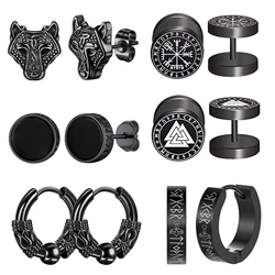 Boniskiss 6 Pairs Norse Viking Runes Hoop Earrings Stainless Steel Black Fake Plugs for Boys Men Women Piercing Ear Stud Jewelry