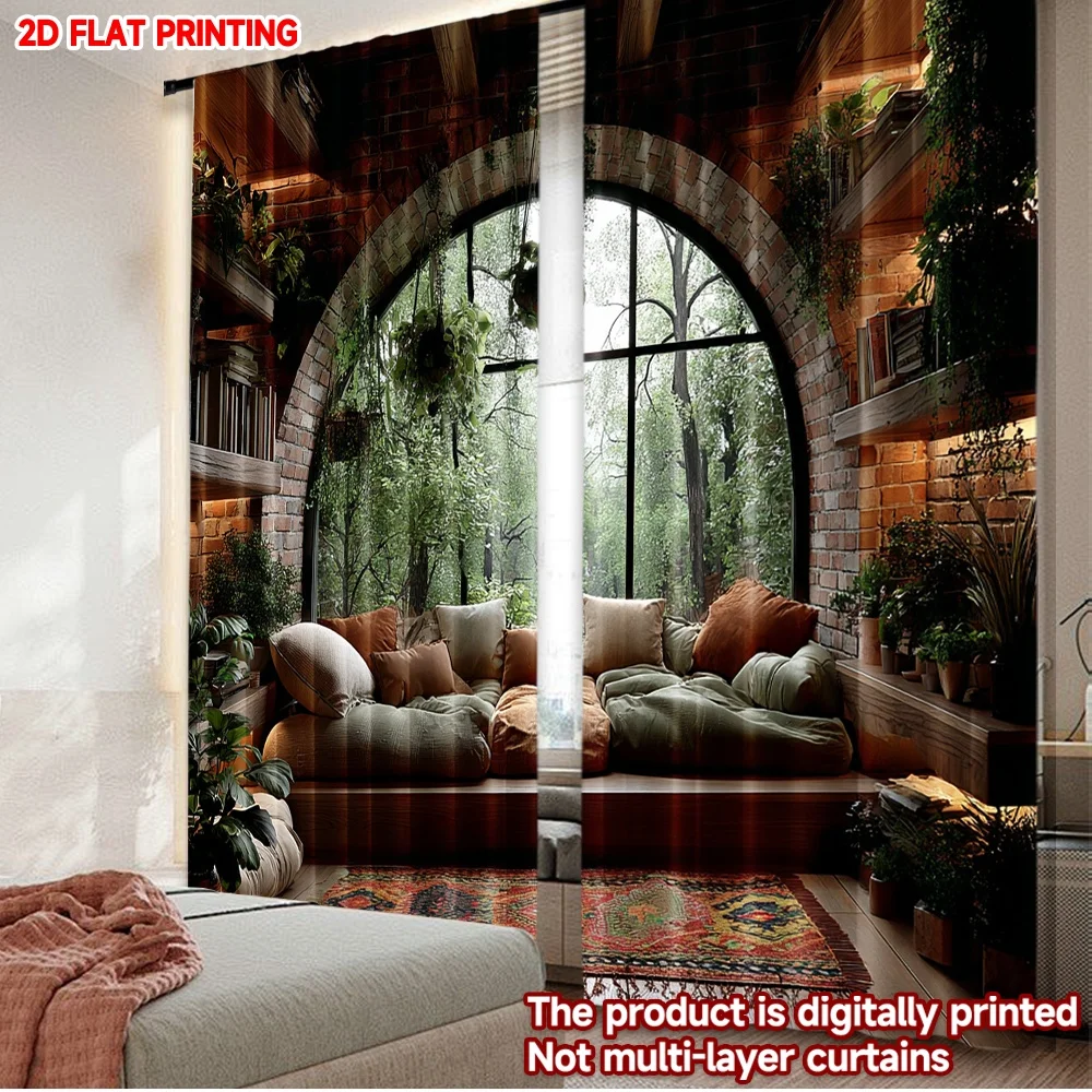 2pcs Arch Window Forest View Curtains 2D Flat Digital Printing, Cozy Indoor Scene with Sofa Pillows & Plants Single Layer Decor