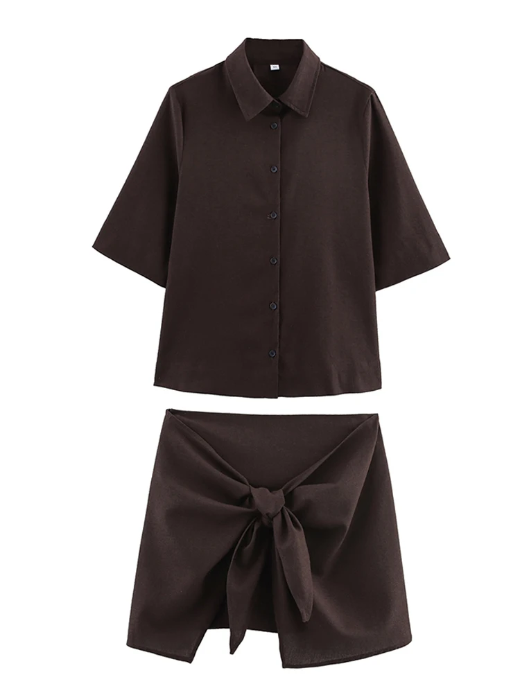HH2025, lässiges Damen-Hemdrock-Set, Revers, kurzärmeliger Pendler-Stil, lockere Bluse + asymmetrischer Knoten, verzierter Minirock