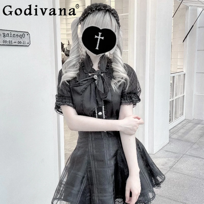 

Japanese Style Lolita Mine Mass-produced Sweet Short Sleeve Shirts Summer Girls Cute Bow Top Woman's High Waist Slim Mini Skirt