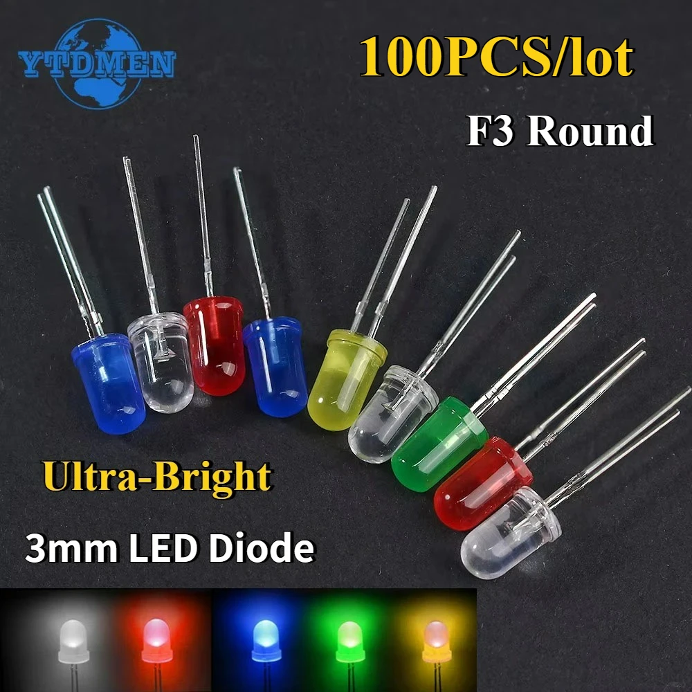 100pcs 3mm Ultra Bright Light Emitting Diode Assorted Kit F3 Round LED Diodes White Green Yellow Blue Red