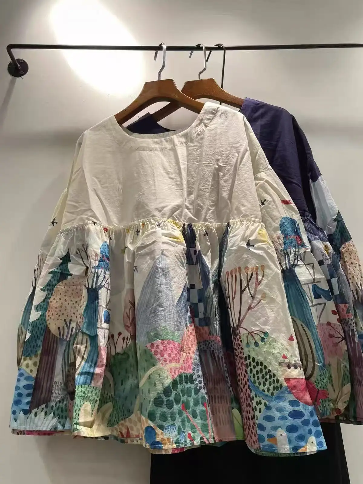 2027 Vintage 100% Cotton Fairy Tale Scenery Printed Babydoll Blouse for Women Crew Neck Loose Puff Long Sleeve Shirts