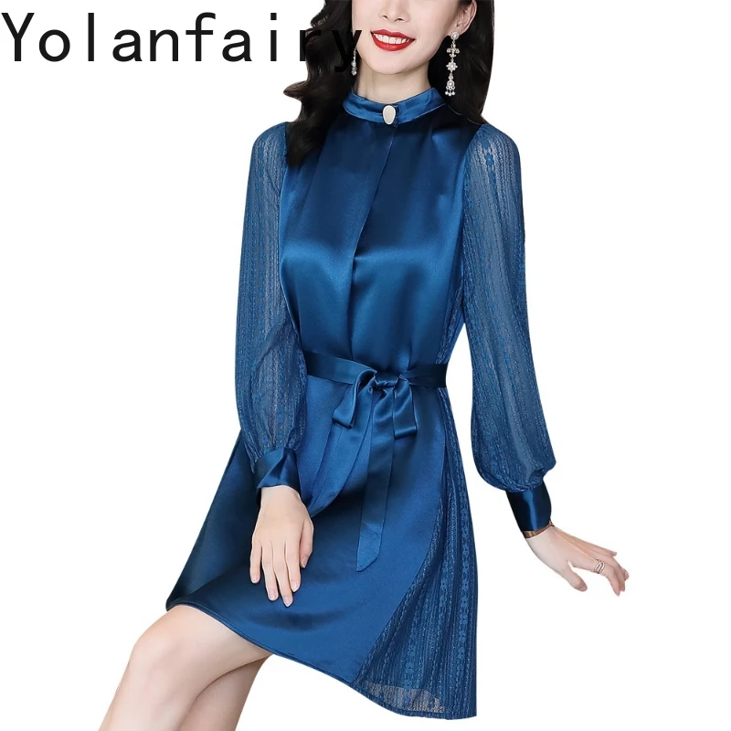 YOLANFAIRY, vestido de satén de acetato de alta calidad, ropa de mujer, vestidos de encaje empalmados de manga larga de otoño, vestido azul real OL para mujer