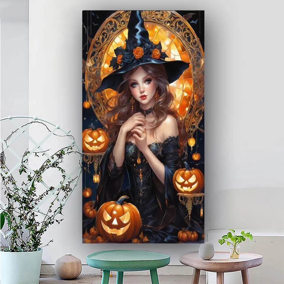 Large Fantasy Witch Pumpkin Diamond Embroidery New 2024 5d DIY Full Square Round Diamond Mosaic Cross Stitch Cartoon G367