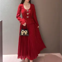 Women red Fake two pieces long Pleated dress Diamond bow high waist fashion lady midi dress