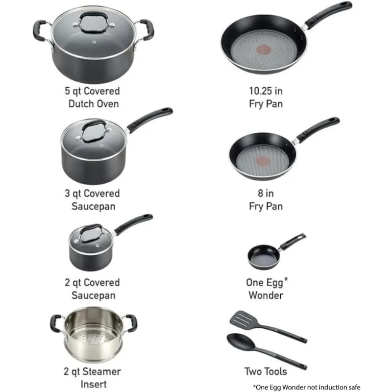 T-fal Experience Nonstick Cookware Set 12 Piece, Induction, Oven Broiler Safe 350F, Kitchen Cooking Set w/ Fry Pans, Saucepan,