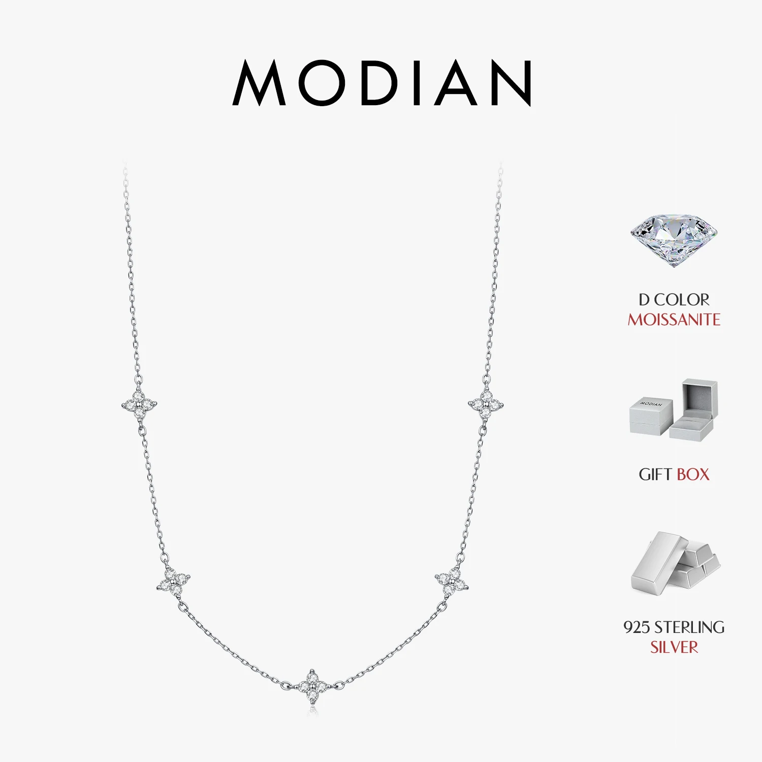 MODIAN 925 Sterling Silver Exquisite Lucky Four-Leaf Clover D Color Moissanite Link Chain Necklace  For Women Fine Jewelry