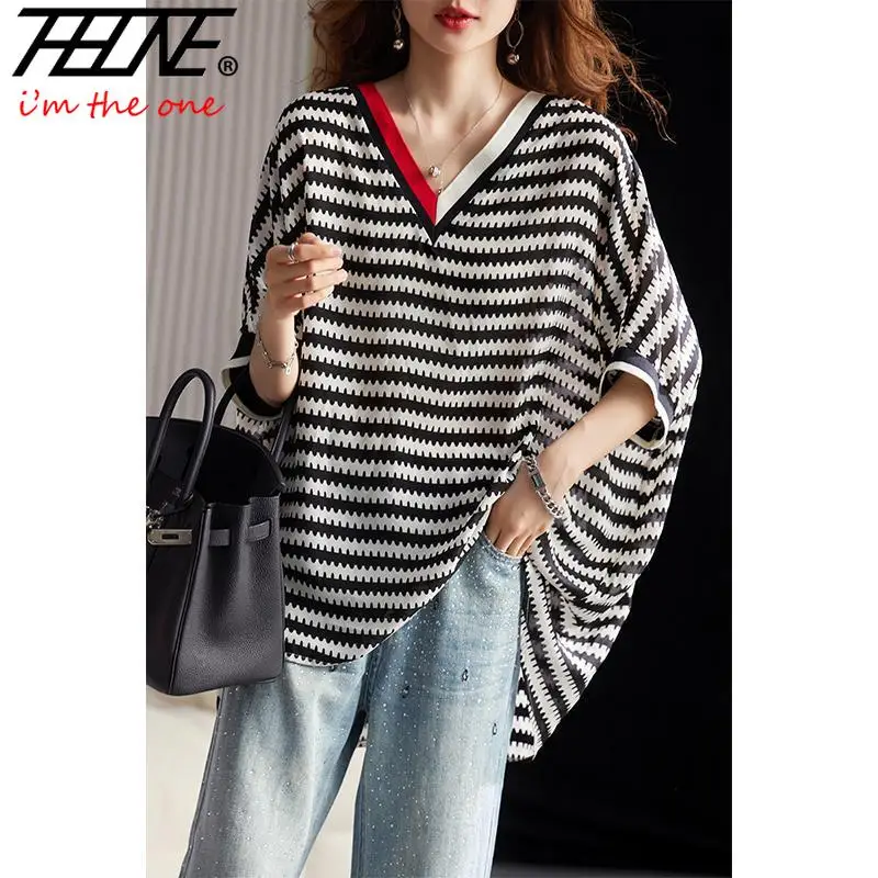 

THHONE Summer Elegant Woman Blouse Contrast Color Striped V-Neck Womens Clothing Shirts Tops Blouses Loose Blusa Mujer Camisas