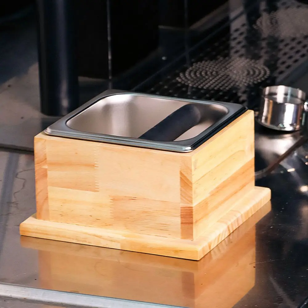 Compact Stainless Steel Coffee Knock Box Wood Base Non Slip Espresso Waste Bin For Home Kitchen Coffee Making Tool