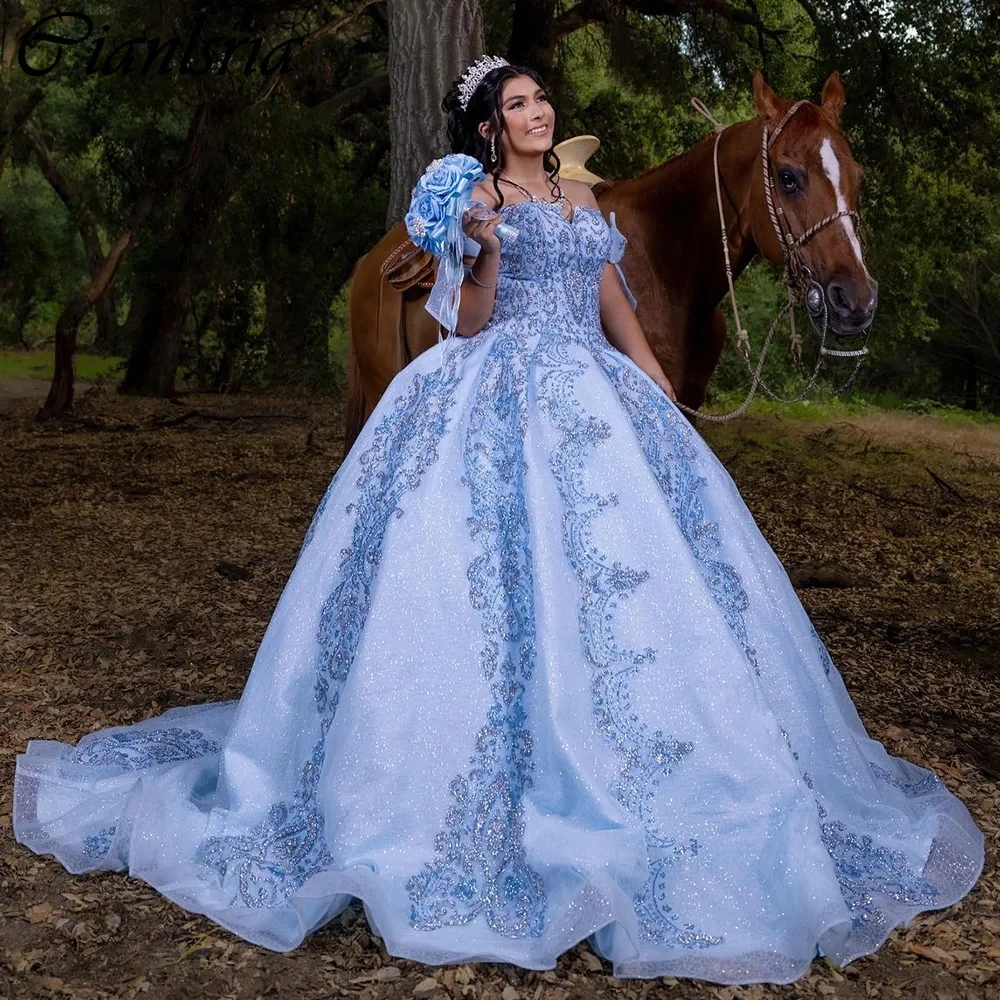 Light Blue Off The Shoulder Bow Ball Gown Quinceanera Dresses Sequined Appliques Lace Corset Vestidos De 15 Años