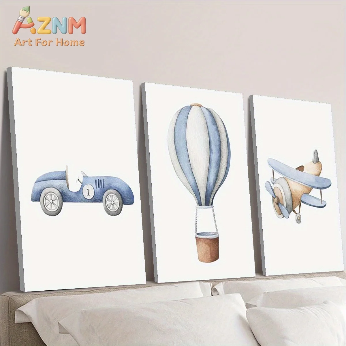 AZNM Transport Vehicle Canvas Wall Art Vintage Car Hot Air Balloon Airplane Watercolor Frameless Canvas Painting Boys Nursery Ho