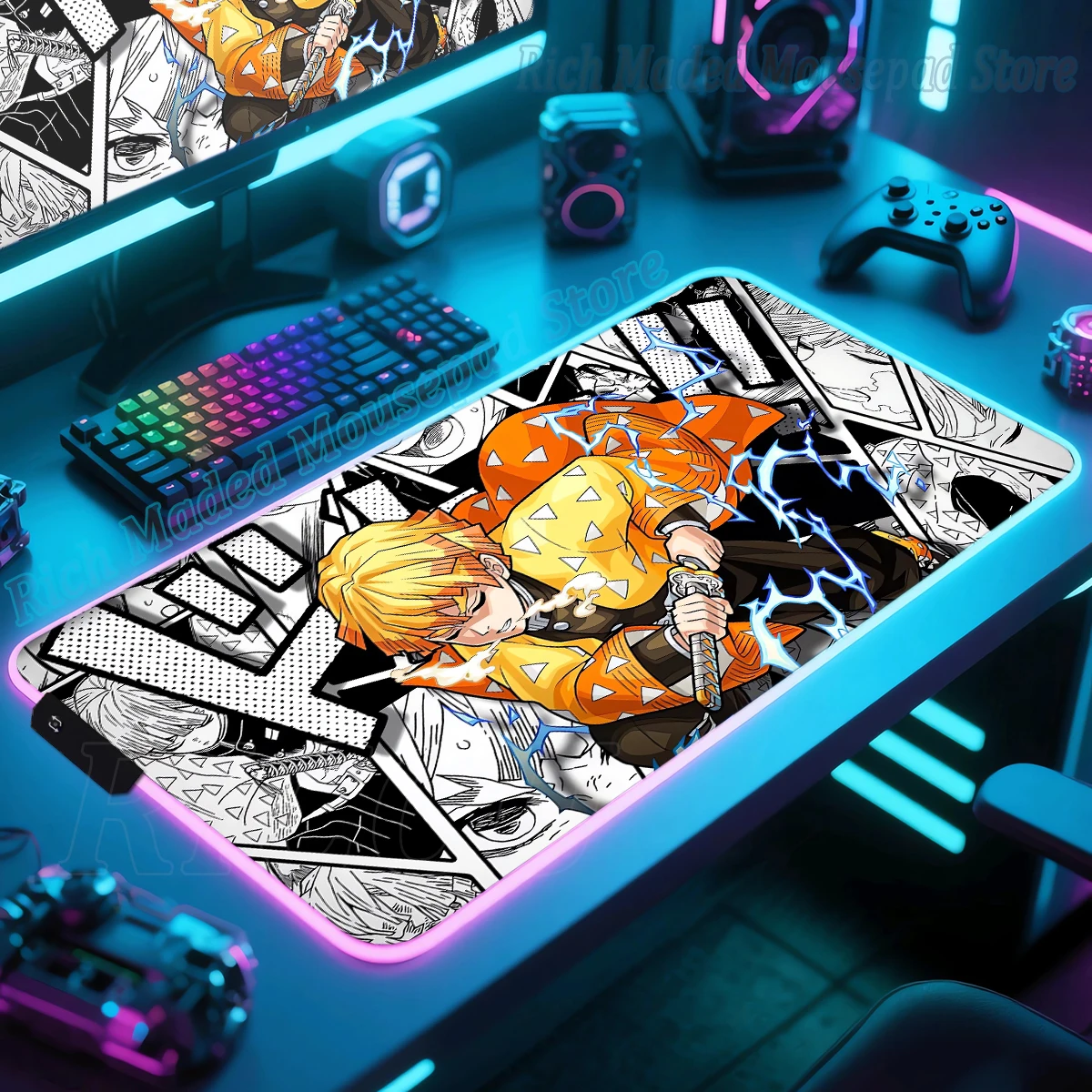 

Demon Slayer Zenitsu Agatsuma LED Gaming Mousepads Large Desk Mat PC Gamer XXL Mousepad RGB Mouse Pad Luminous E-Sports Micemat