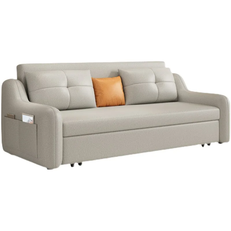 Modern anti-cat claw leather sofa bed dual-purpose living room cream simple small apartment multi-functional storage