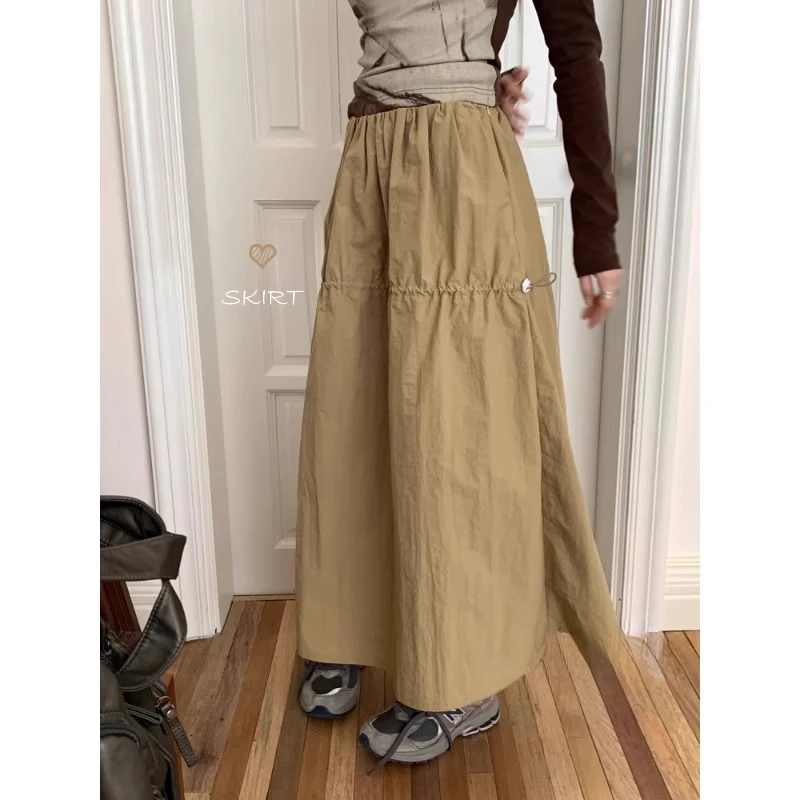 

GUUZYUVIZ White Casual Drawstring A-line Long Skirt For Women Summer Harajuk Korean Fashion High Waist Skirts Female Clothes