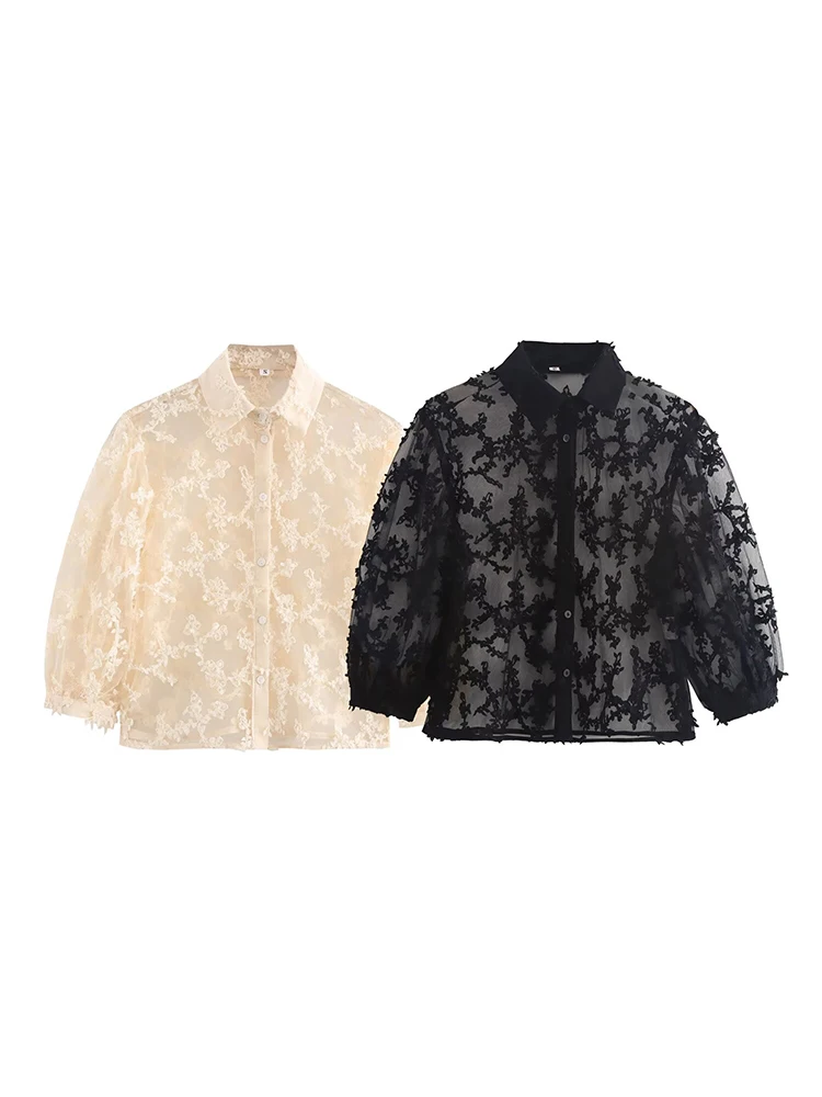 

2025 Spring New Women's Clothing Fashion French Design Raised Flower Decoration Lapel Single Breasted Long Sleeve Shirt
