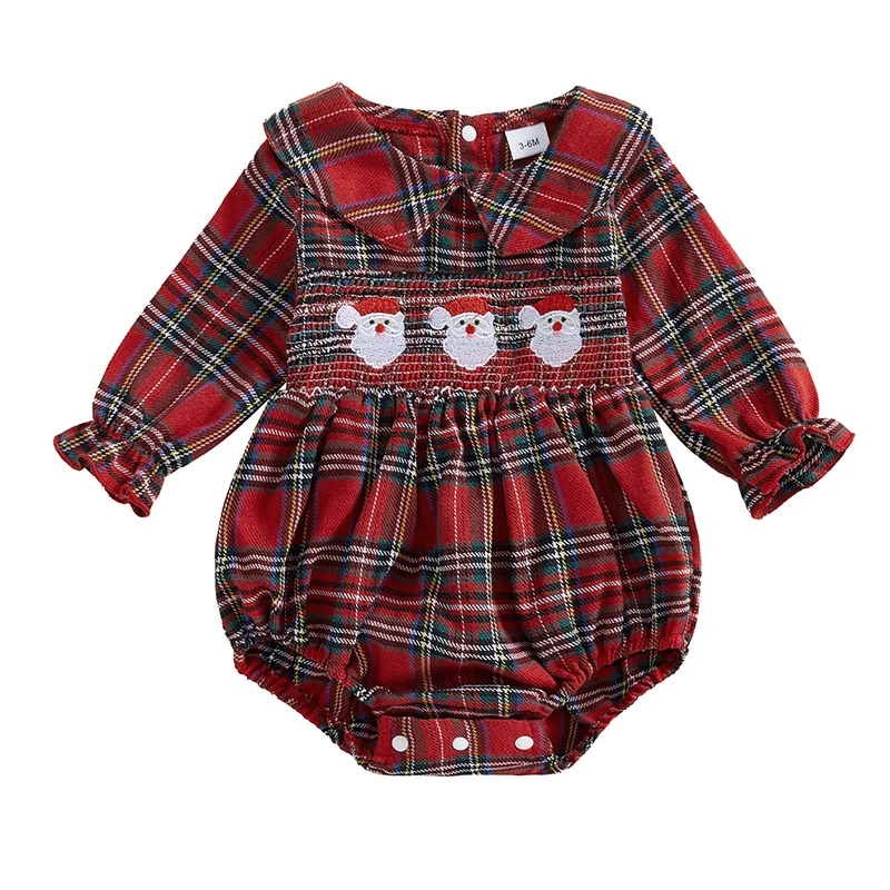 Newborn Baby Girl Christmas Outfit Plaid Smocked Bubble Romper Embroidery Tree Bodysuit Infant Toddler Fall Clothes