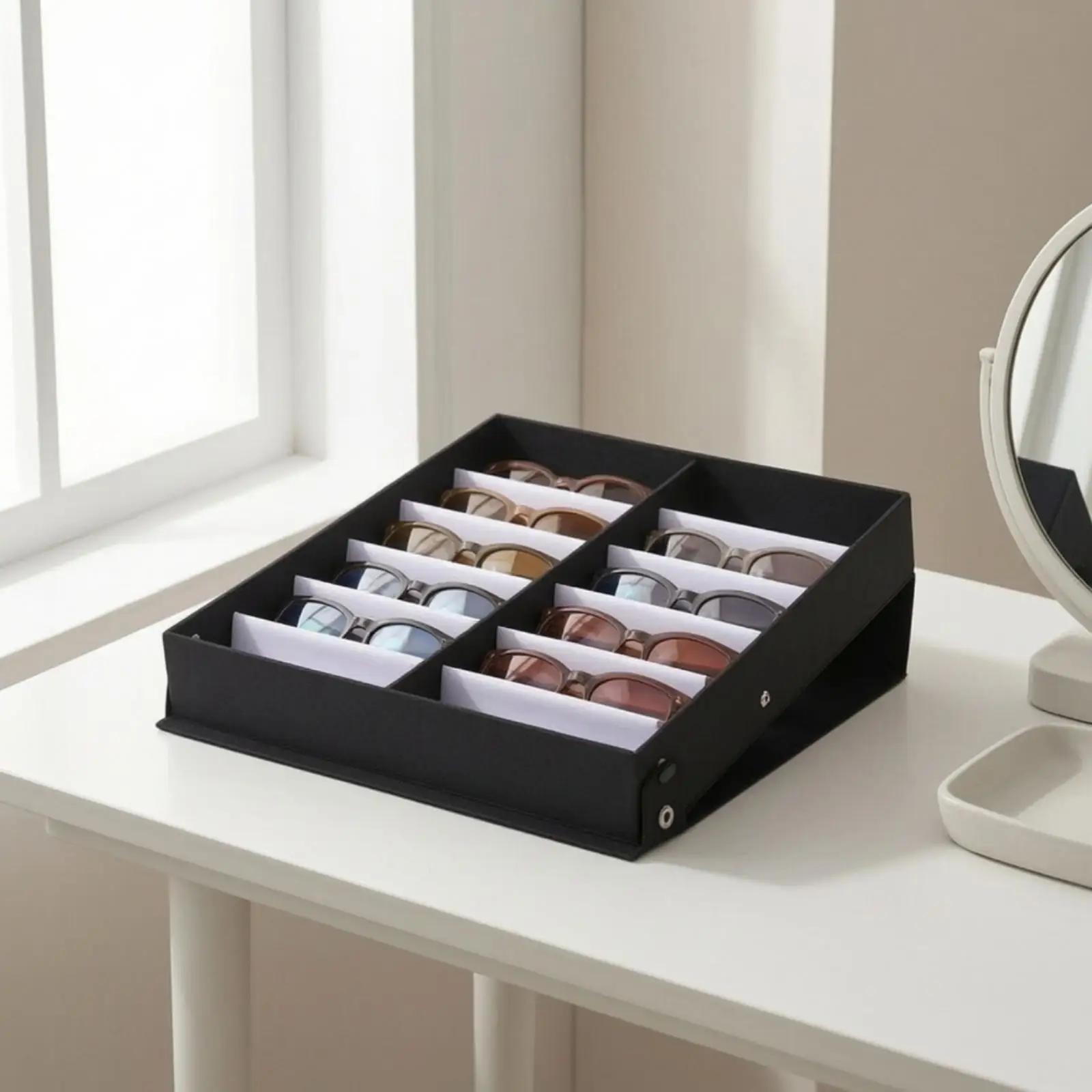 Black Sunglasses Organizer Case Foldable Eyeglass Display Box Storage Holder with Dividers for Glasses Accessories Home
