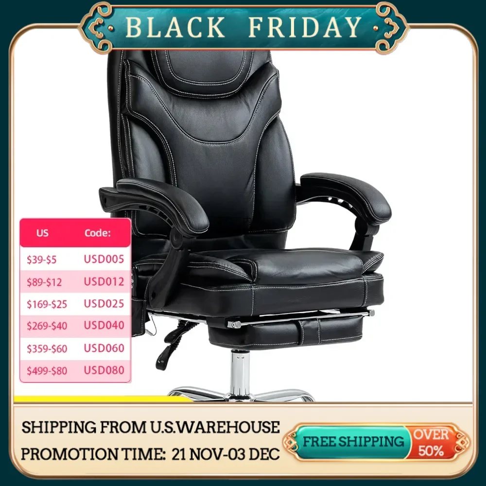 PU Leather Vibrating Massage Office Chair with 6-Point Heated Reclining Computer Chair, Adjustable Height, Foot Pedal - Black