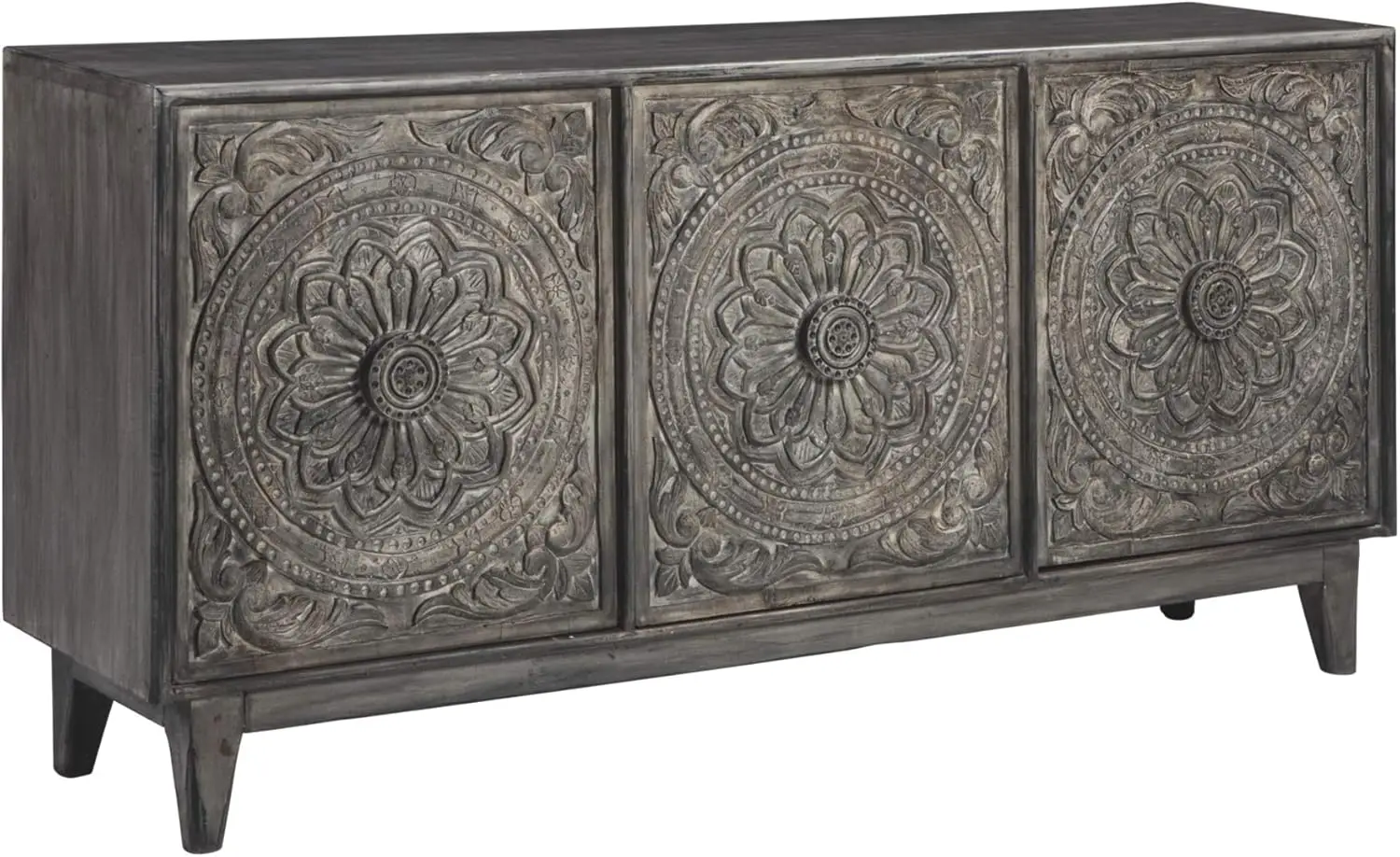 Fair Ridge Boho Hand Carved Wood Accent Cabinet Or Tv Stand, Dark Gray